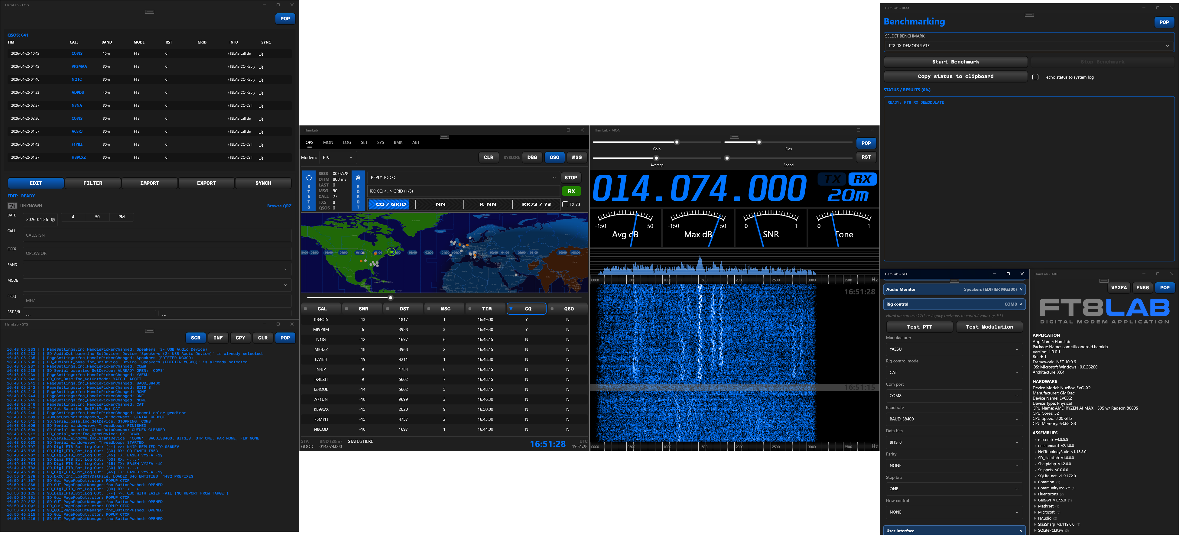 FT8LAB three monitor layout showing pop-out windows arranged across displays